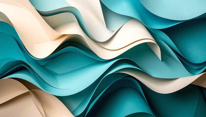 Poster - Curved, layered paper in shades of blue and cream creates a dynamic, flowing texture, evoking a sense of movement and depth