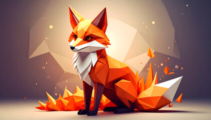 Poster - A vibrant, geometric illustration of a fox, showcasing angular shapes and a warm color palette, set against a soft, blurred background