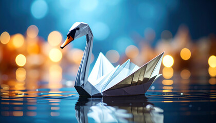 Poster - A beautifully crafted origami swan floats gracefully on water, illuminated by soft bokeh lights in the background, creating a serene and artistic ambiance