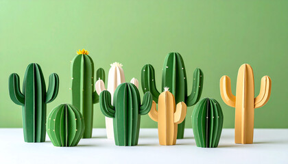 Poster - Colorful paper cacti arranged against a green background, showcasing various shapes and sizes, creating a playful and artistic decor piece