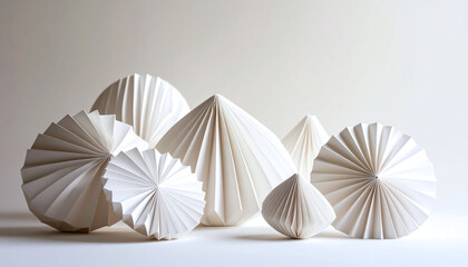 Poster - White paper sculptures arranged in an artistic display, featuring various geometric shapes and textures, creating a minimalist aesthetic