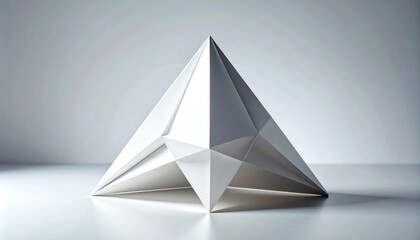 Poster - A sleek, white paper pyramid sculpture rests on a minimalist surface, showcasing geometric elegance and artistic design