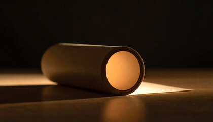Poster - A rolled cardboard tube rests on a surface, illuminated softly from within, creating a warm glow against a dark background