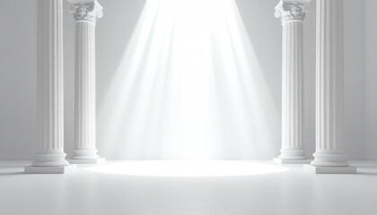 Poster - A bright, minimalist space featuring white columns and light beams, creating an ethereal atmosphere of tranquility and elegance