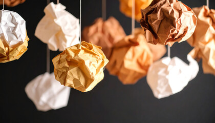 Poster - Hanging paper balls in various shades create a striking visual display against a dark background, showcasing texture and form