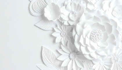 Poster - A delicate arrangement of white paper flowers and leaves, creating an elegant, three-dimensional floral design against a soft backdrop