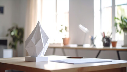 Poster - A modern geometric sculpture sits on a desk, surrounded by plants and natural light, creating a serene workspace atmosphere