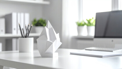 Poster - A minimalist workspace featuring a geometric white sculpture, plants, and a computer, creating a serene and modern atmosphere