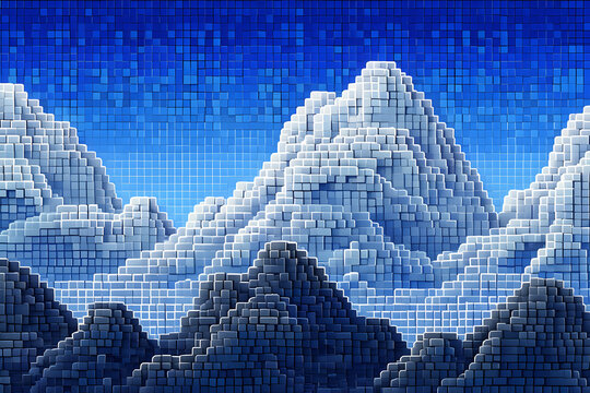 Pixel Art Mountain Range Digital Cloudscape in Wave Formation