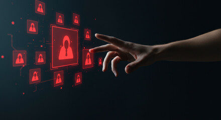 Wall Mural - Hand Touching Digital Interface with Red Silhouette Icons on Dark Background