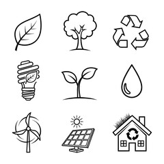 Fototapete - Simple line art icons representing various eco-friendly concepts.