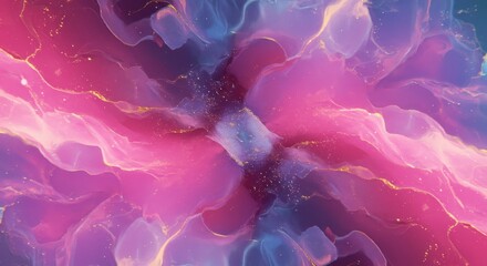 Poster - Photo of a mesmerizing abstract background with flowing pink and blue paint, accented with gold glitter, creating a cosmic and fluid design