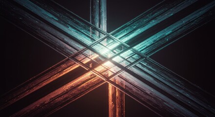 Poster - Photo of intricate glowing blue and orange lines intersect in a complex geometric pattern against a dark background