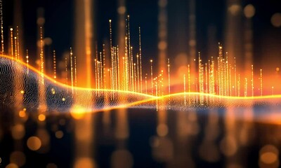 Poster - Abstract data visualization with golden lines and particles