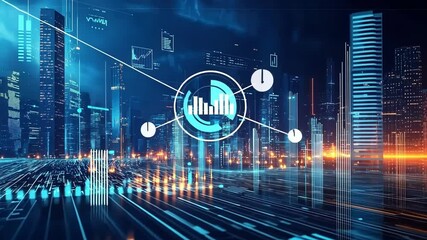Aufkleber - Digital data flows through a futuristic cityscape at night, visualizing the concept of smart city technology, internet of things, and urban innovation
