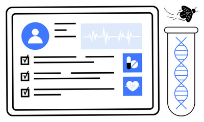 Poster - Medical report with user profile, health data, vitals, DNA in test tube, and pills. Ideal for healthcare, diagnostics, biotechnology genetics research medical apps wellness. Clean flat metaphor