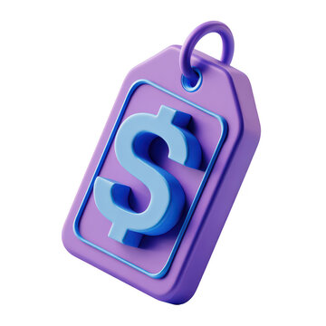 3D rendered, purple price tag with a blue dollar sign