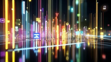 Aufkleber - Glowing icons hovering above a futuristic cityscape illustrate data flow and technological advancement, creating a vibrant visualization of a smart city's innovation