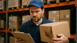 © AiDesign - Warehouse employee holding damaged package and checking inventory list showing product issue quality control and warehouse stock verification