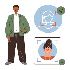 Poster - Smiling man next to facial recognition scans featuring two profiles with checkmarks. Ideal for identity verification, technology, biometrics, security, permissions, modern apps, simple flat metaphor
