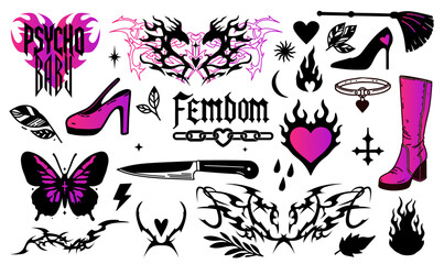 Wall Mural - Edgy vector illustration in popular alt-gothic tattoo style. Bold black and neon magenta graphics include boots, knives, butterflies, hearts, chains, and flames with sharp, rebellious shapes.
