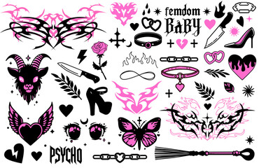 Wall Mural - Trendy alt-gothic vector illustration with black and neon pink. Includes tribal hearts, butterflies, knives, shoes, collars, leaves, and goat—bold, edgy shapes with Y2K tattoo inspiration.