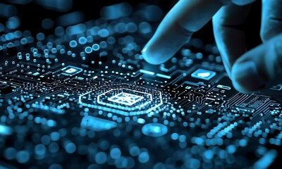 Poster - Close-up of a glowing circuit board with a finger hovering