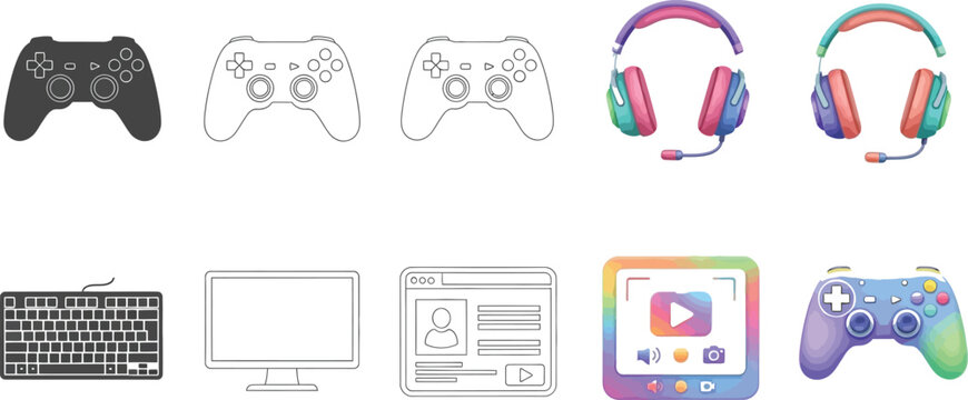 Illustration of gaming peripherals and media icons on a gradient background