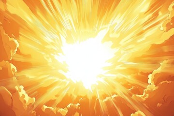 Poster - Explosive energy radiates through a vibrant anime sky filled with dynamic clouds, Anime background of Comic speed radial background