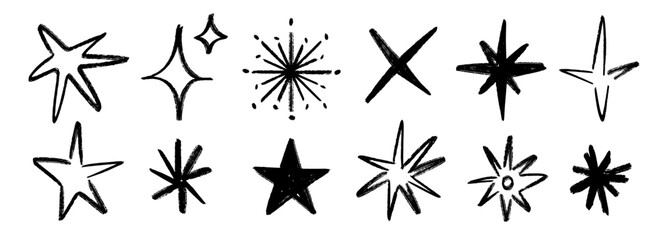 Aufkleber - Crayon hand drawn stars and sparkles set. Childish doodled sparks collection. Grunge rough brush stroke shine element pack for collage, poster, sticker, label. Black pencil sketched symbols. Vector