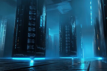 Aufkleber - Large black server towers illuminated by blue lights in a high  tech data center, Two large black server towers with blue lights in a futuristic setting