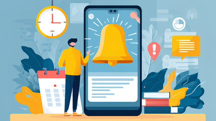 Poster - Alert notification concept. Reminder, Push Notifications, Web Reminders, Time Table and Announcements. Person using smartphone with bell notification icon on virtual screen.