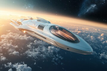 Poster - Futuristic spaceship gliding above Earth in the vastness of outer space, Futuristic spaceship orbiting Earth in outer space
