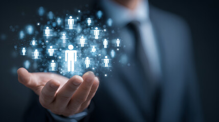 Poster - Businessman holding digital icons of people and team management, representing human resources, recruitment, employee data, business leadership, and digital HR solutions.
