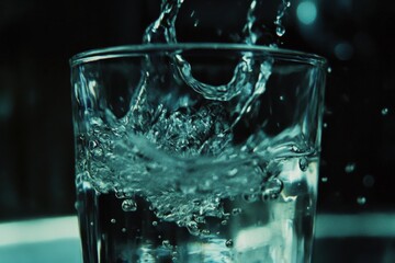 Poster - Slow motion water splashing in a glass creating dynamic ripples and bubbles, Water moves in a glass in slow motion