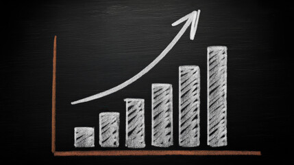 Poster - Graph Illustrating Growth Trend with Chalk on Blackboard Surface Showing Increasing Bars and Upward Arrow in Business and Financial Context