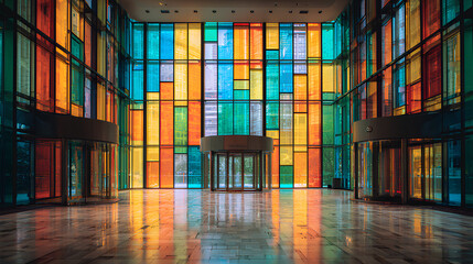 Poster - Colorful Geometric Glass Window in Modern Building Interior
