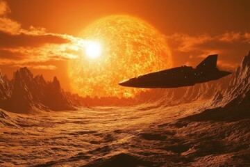 Wall Mural - spaceship descends onto an alien planet under a giant sun in a breathtaking landscape, spaceship lan