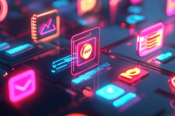 Poster - Colorful digital icons representing user accounts and internet symbols on a futuristic keyboard background, User account and Internet symbols 3D render