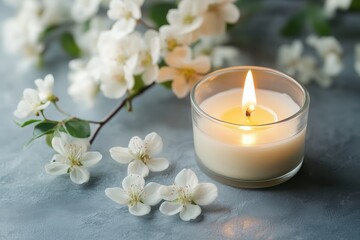 Poster - Lit candle with delicate white flowers on soft gray background creates a serene atmosphere, Lit candle with white flowers on gray background