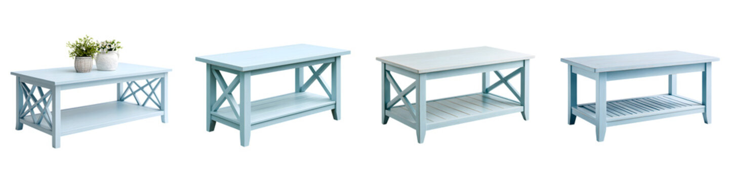 Rustic Blue Coffee Tables with Shelf, Isolated on White Background, Set of Four