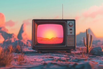 Poster - Vintage television lacking signal in a vibrant synthwave desert landscape at sunset, Old vintage TV with no signal in synthwave landscape Seamless 3D render