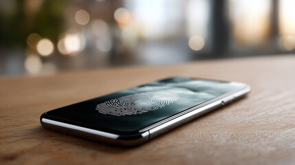 Poster - Modern Smartphone with Fingerprint Scanner Displayed on Wooden Surface in Bright Indoor Environment