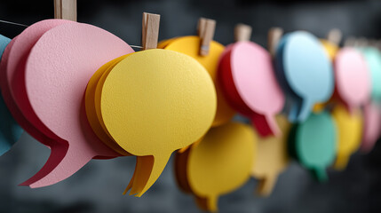 Poster - Colorful speech bubble cutouts hanging on a line in a creative setup, showcasing vibrant colors and cheerful design for communication themes