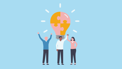 Poster - Teamwork and Innovation People Celebrating a Puzzle Lightbulb Idea