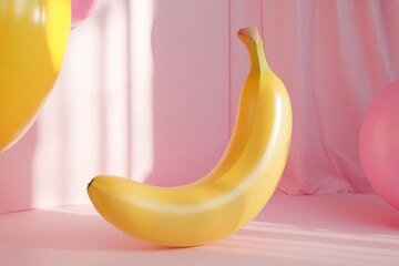 Poster - Still life composition featuring an inflating banana with a cute minimal design against a pastel background, Still life with inflating banana Cute minimal design 3D render seamless