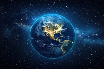 Poster - View of Earth from space showcasing North America and the night sky filled with stars, PHOTO earth from space view background on night sky