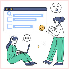 Poster - Two people collaborating on a digital project with a computer interface showing chat messages and a happy face emoji symbolizing teamwork and communication