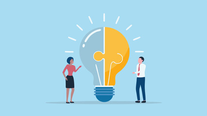 Poster - Business Teamwork and Idea Generation with Lightbulb Puzzle Pieces Illustration