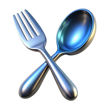 Shiny metallic fork and spoon crossed together isolated on transparent background